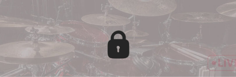 Blurred image of a drum set with light grey overlay and a lock icon on top. Lock by Sujaai from Noun Project (CC BY 3.0)