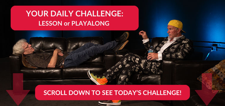 Image of drummers Chad Smith and Stewart Copeland seated in the Drum Channel studios with the words "YOUR DAILY CHALLENGE: LESSON or PLAYALONG Scroll down to see Today's Challenge!"